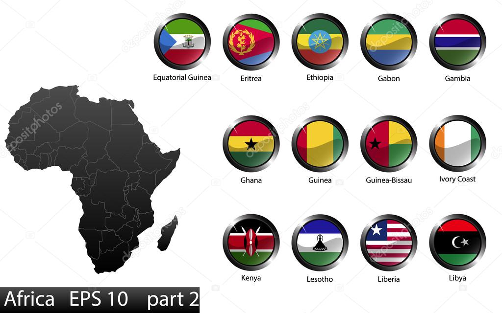 High detailed national flags of African countries, clipped in round shape glossy metal buttons, vector, part 2