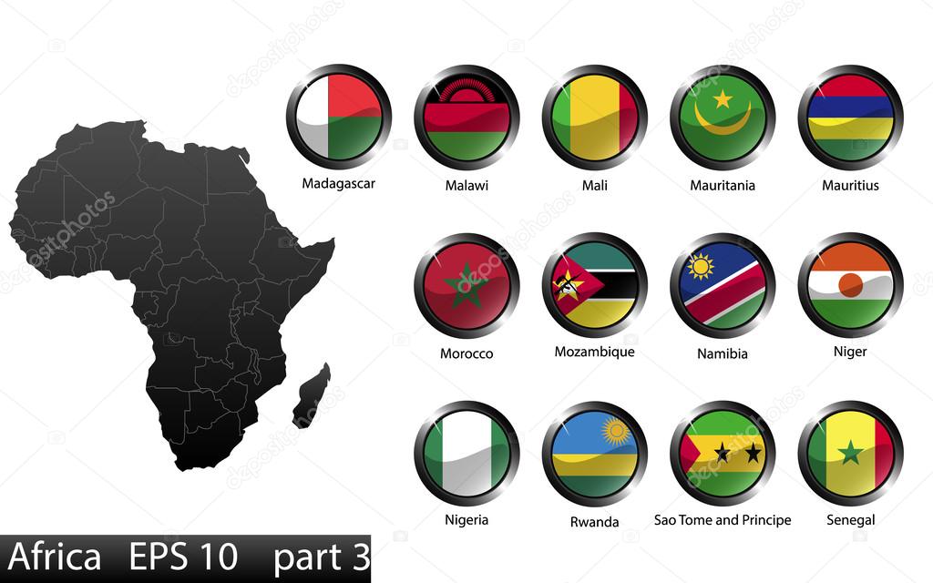 High detailed national flags of African countries, clipped in round shape glossy metal buttons, vector, part 3