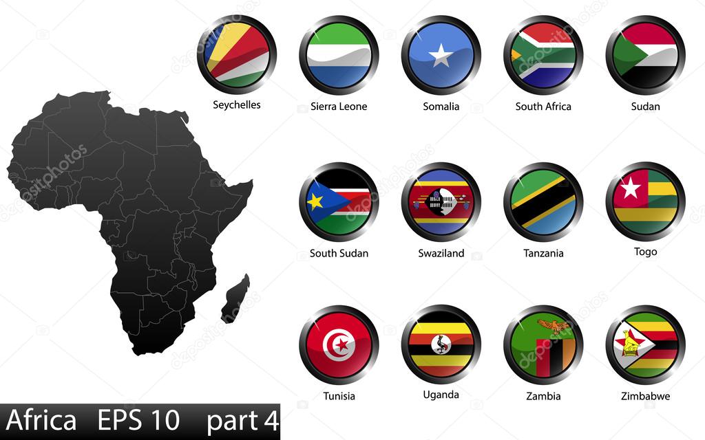 High detailed national flags of African countries, clipped in round shape glossy metal buttons, vector, part 4