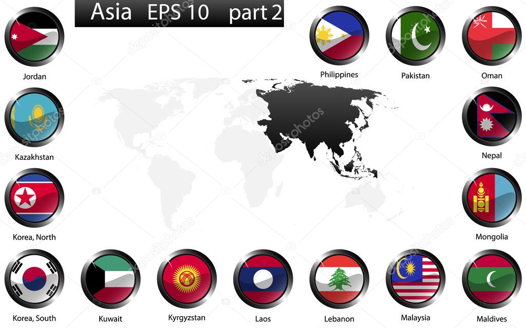 High detailed national flags of Asian countries, clipped in round shape glossy metal buttons, vector, part 2