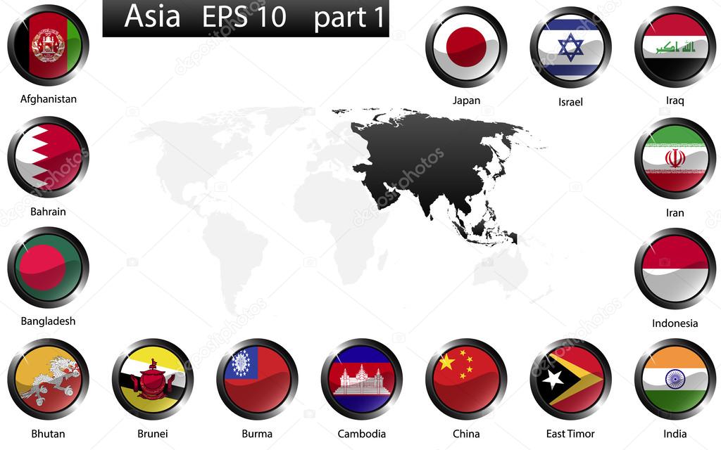 High detailed national flags of Asian countries, clipped in round shape glossy metal buttons, vector, part 1