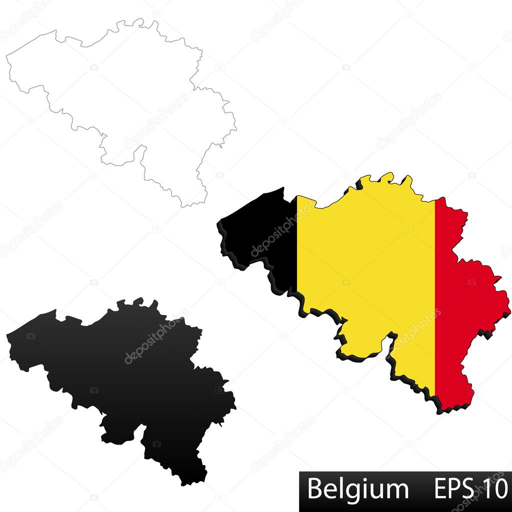 Maps of Belgium, 3 dimensional with flag clipped inside borders,and shadow, and black and white contours of country shape, vector