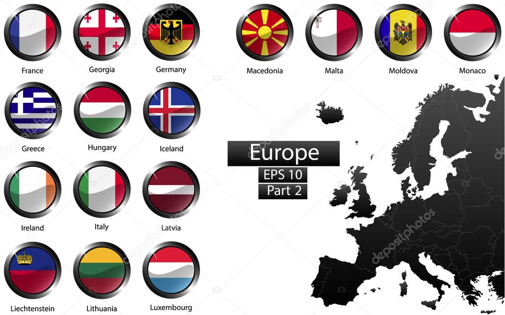 High detailed national flags of European countries, clipped in round shape glossy metal buttons, vector , part 2