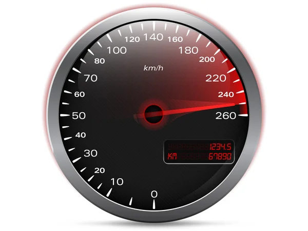 Speedometer showing maximum speed with needle in red, with metal frame and analogue - digital display, isolated on white — Stock Vector