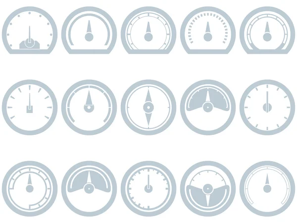 Set di quindici icone piatte, semplici, in stile tachimetro. Tachimetro, carburante, scala, pieno, vuoto, batteria, stato. Eps 8 . — Vettoriale Stock