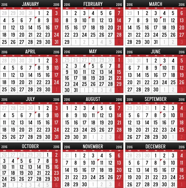 Calendar for the year of 2016 — Stock Vector