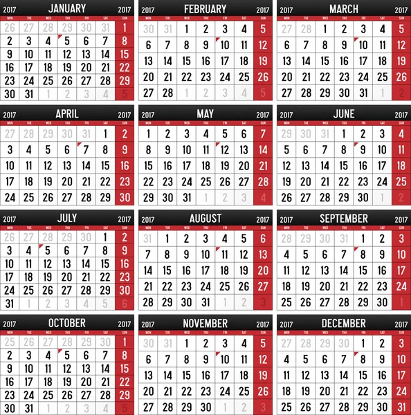 Calendar for the year of 2017 — Stock Vector