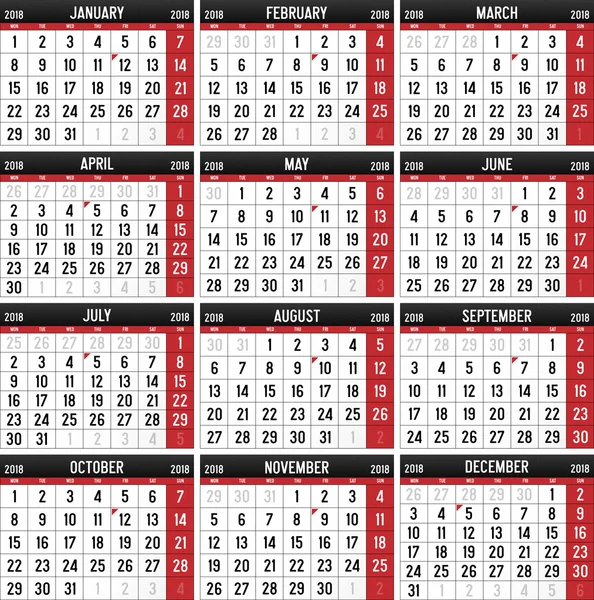 Calendar for the year of 2018 — Stock Vector