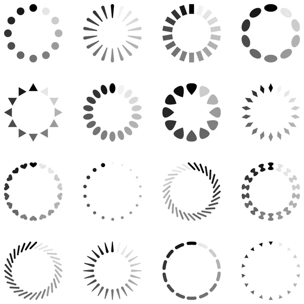 Iconos de giro de carga, progreso o almacenamiento en búfer, en blanco y negro — Vector de stock