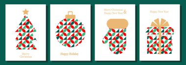 Geometrik soyut desen. Bauhaus tarzı mutlu Noeller posteri. Kart, kapak, afiş, arkaplan, broşür için arkaplan tasarımı. Vektör illüstrasyonu.