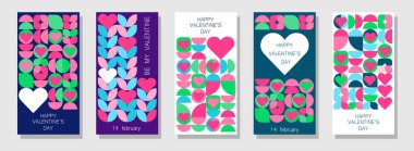 Şablon tasarımını Minimalist Bauhaus tarzında Mutlu Sevgililer Günü afişi ile yapın. Tasarım çizimi, mozaik arka plan. Basit şekilli soyut yazdırma arkaplanı.