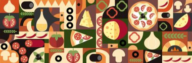 Pizza mozaiksiz desen, düz tasarım, pizza malzemeleri ve dilimler, İtalyan pizzacısının soyut geometrik tasarımı.