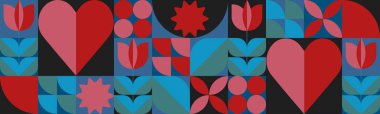 Geometrik sevgililer günü arkaplan şablonu minimalist Bauhaus tarzı. Geometrik çizim. Sevgililer Günü kusursuz desenli, soyut şekilli Hearts Banner.