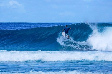 Mükemmel mavi akuamarin dalgası üzerinde sörfçü, boş sıra, sörf için mükemmel, temiz su, Hint Okyanusu, Maldivya adasına yakın Himmafushi