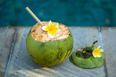 Yeşil hindistancevizi, Bal 'da yüzme havuzunun kenarında bambu kamışı ve tropikal çiçek frangipani ile kaplıdır.