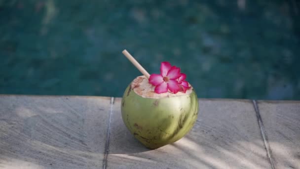 バリ島のスイミングプールの端にある竹の藁と熱帯ピンクの花で閉じられた緑の若いココナッツの映像 — ストック動画