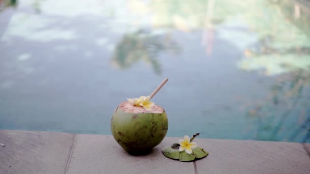 バリ島のスイミングプールの端にある竹の藁と熱帯の花Frangipaniで閉じられた緑の若いココナッツの映像 — ストック動画