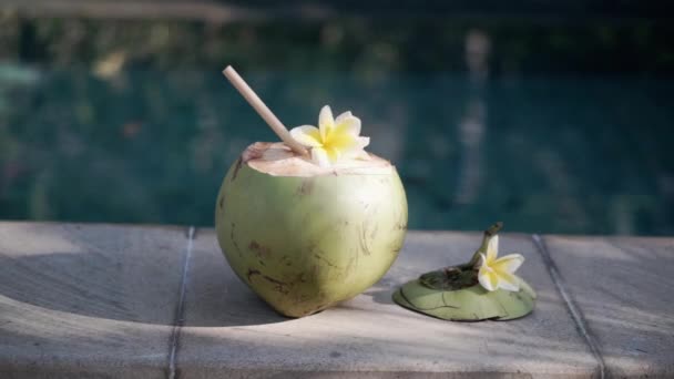 Imágenes Coco Verde Joven Cerca Con Paja Bambú Frangipani Flores — Vídeo de stock