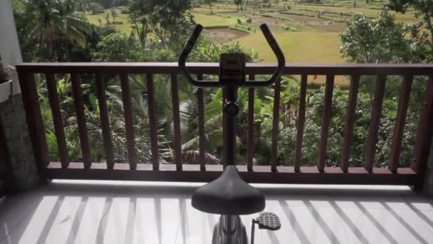 Nagranie Wideo Roweru Treningowego Tarasie Pięknym Widokiem Pola Ryżowe Palmy — Wideo stockowe