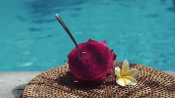 新鲜的红色龙果切割成两半 汤匙卡在发泡的蓝色游泳池边的纸浆中 白色热带花 从巴厘的棕榈枝上移出阴影 — 图库视频影像