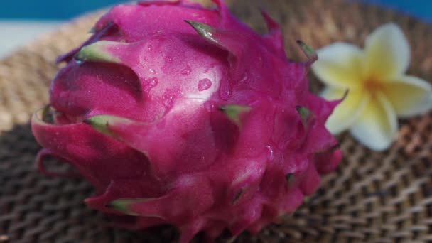 Video Footage Close Fresh Red Dragon Fruit Drops Clear Water — Stock Video