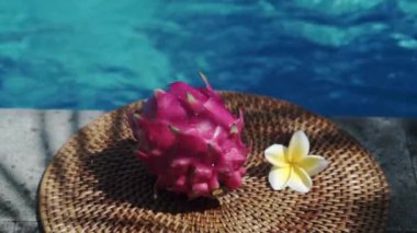 Video görüntüleri, taze kırmızı ejderha meyvesiyle yüzme havuzunun kenarında beyaz tropikal çiçeklerle frangipani 'yi, palmiye dalından gölgeyi ve Bali' de arka planda kaynayan mavi havuz suyunu gösteriyor. 