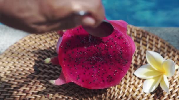 Fresh Red Dragon Fruit Cut Two Halves Spoon Stuck Pulp — Stock Video