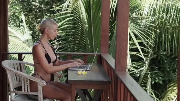 Video Filmación Una Joven Mujer Rubia Freelancer Trabajando Con Laptop — Vídeo de stock