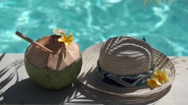 Video Footage Green Young Coconut Close Bamboo Straw Sun Hat — Stock Video