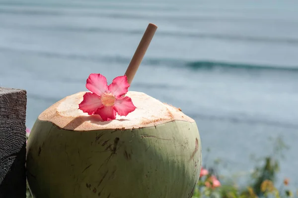 緑の若い新鮮なココナッツの近くに竹のわらとピンクの熱帯の花が崖と青い海にあり 大きな波がバリ島でサーフィンをしています — ストック写真