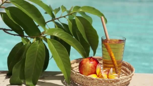 Video Footage Glass Apple Juice Bamboo Straw Red Apple Tropical — Stock Video