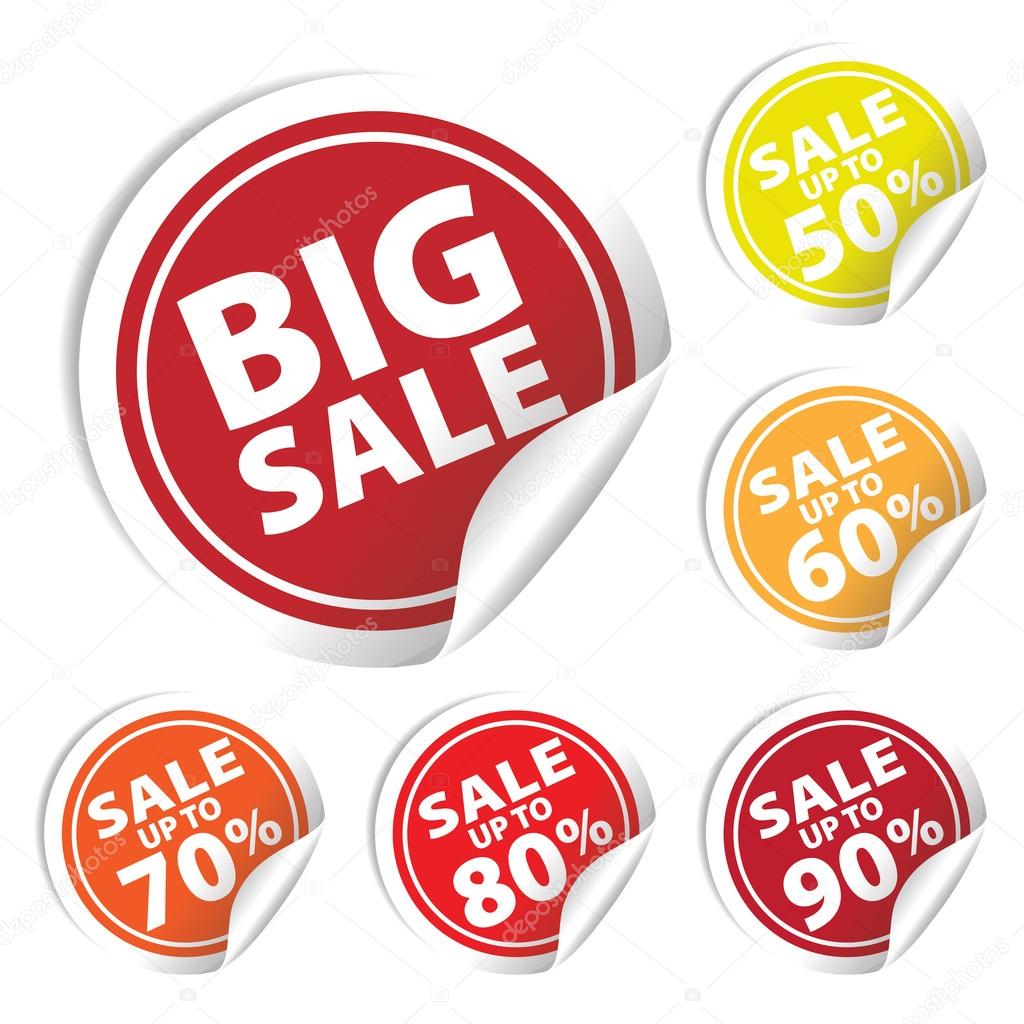 Big Sale tags with Sale up to 50 - 90 percent text on circle tags