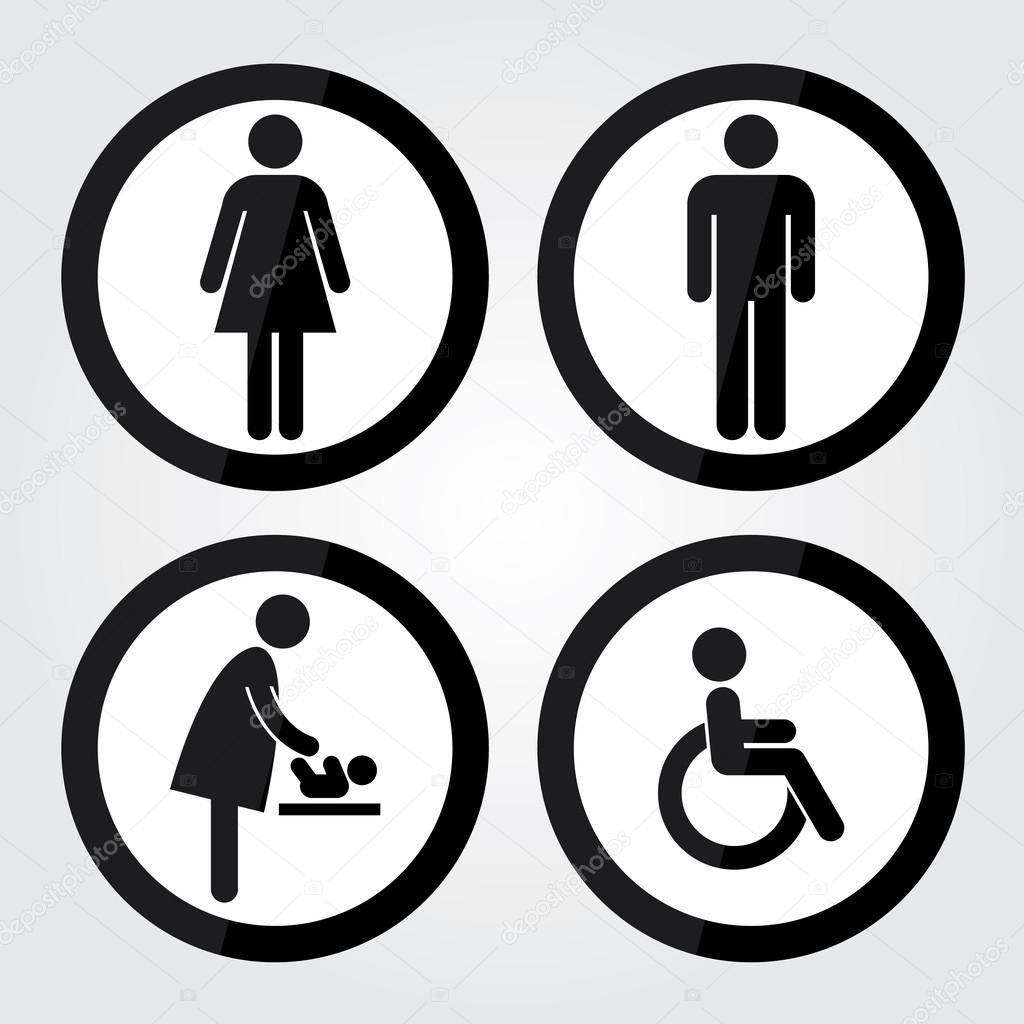Black Circle Toilet Sign with Black Circle Border, Man Sign, Women Sign, Baby Changing Sign, Handicap Sign
