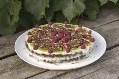 Ev yapımı çikolatalı kek Ahududu ve kivi ahşap üzerinde 