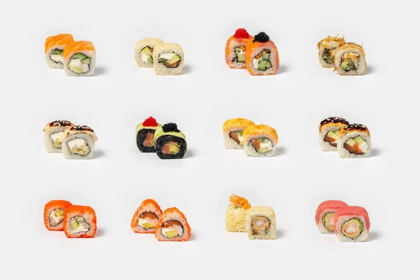 Duży Zestaw Różnych Rodzajów Sushi Maki Neutralnym Tle Światła — Zdjęcie stockowe