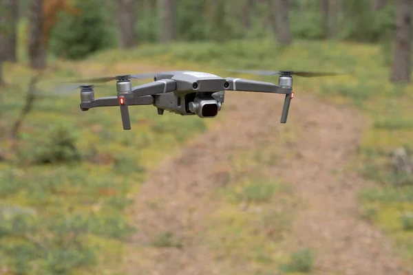 ND filtresi olan bir dron kuadrokopteri havada süzülüyor ve ormandaki yolu izliyor. Sığ alan derinliği, bulanık arkaplan.