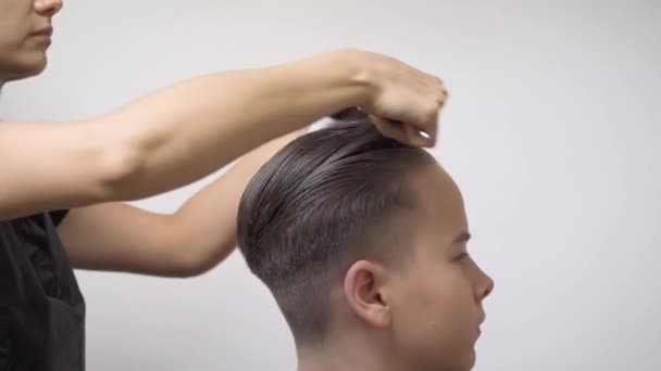 Prima di un taglio di capelli, un parrucchiere ragazza pettina e idrata i capelli del cliente con un flacone spray. — Video Stock