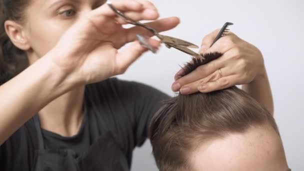 Corte de cabelo usando a técnica de corte de ponto close-up. — Vídeo de Stock
