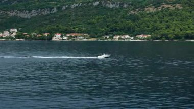 A lone speedboat travels at high speed across the dark blue Adriatic Sea, creating a white wake. This scenic journey along the forested coast of Croatia represents summer vacation and exploration.
