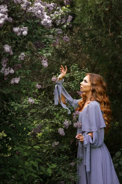 Fille Robe Grise Près Lilas Été Sur Une Promenade — Photo