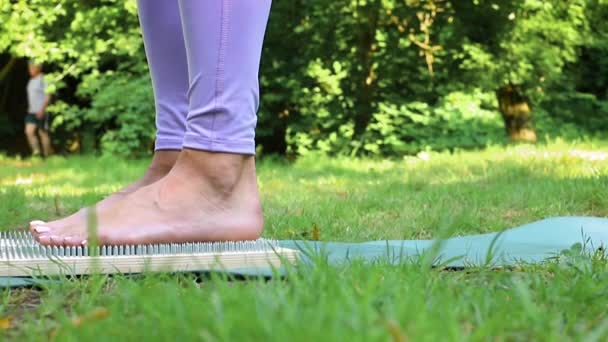 Femme Tient Sur Conseil Sadhu Dans Parc Été Yoga Dans — Video