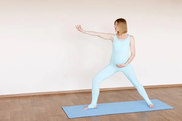 Hamile Bir Kadın Arka Planda Yoga Yapıyor Hamile Yogası — Stok fotoğraf