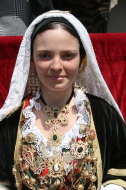 St. Efisio Festivali. Geleneksel giyimli kadınlar. Cagliary, Sardegna, İtalya.