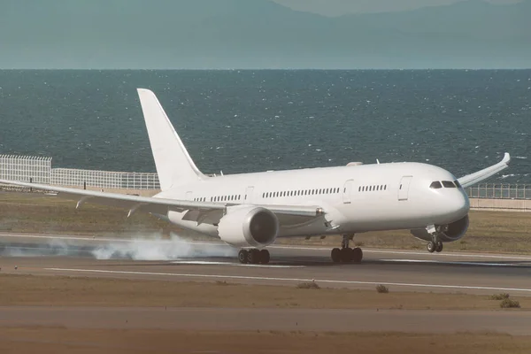 Avião Branco Pousando Tarde Neblina Com Fundo Oceano — Fotografia de Stock