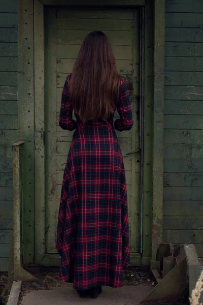 Дівчина Довгим Волоссям Спинилася Назад Дівчину Червоній Сукні — стокове фото
