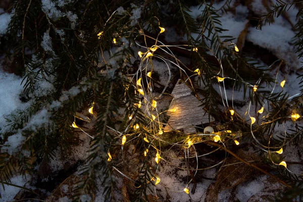 Pohon Natal Kayu Latar Belakang Cabang Cemara Lampu Sekitar Mainan — Stok Foto
