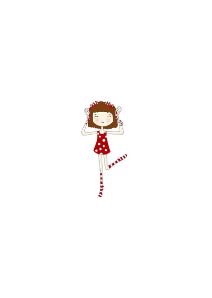 赤いドレスの少女は耳に手を突っ込み 指を頭から引き抜いた 赤いドレスを着た奇妙な少女のイラスト — ストック写真