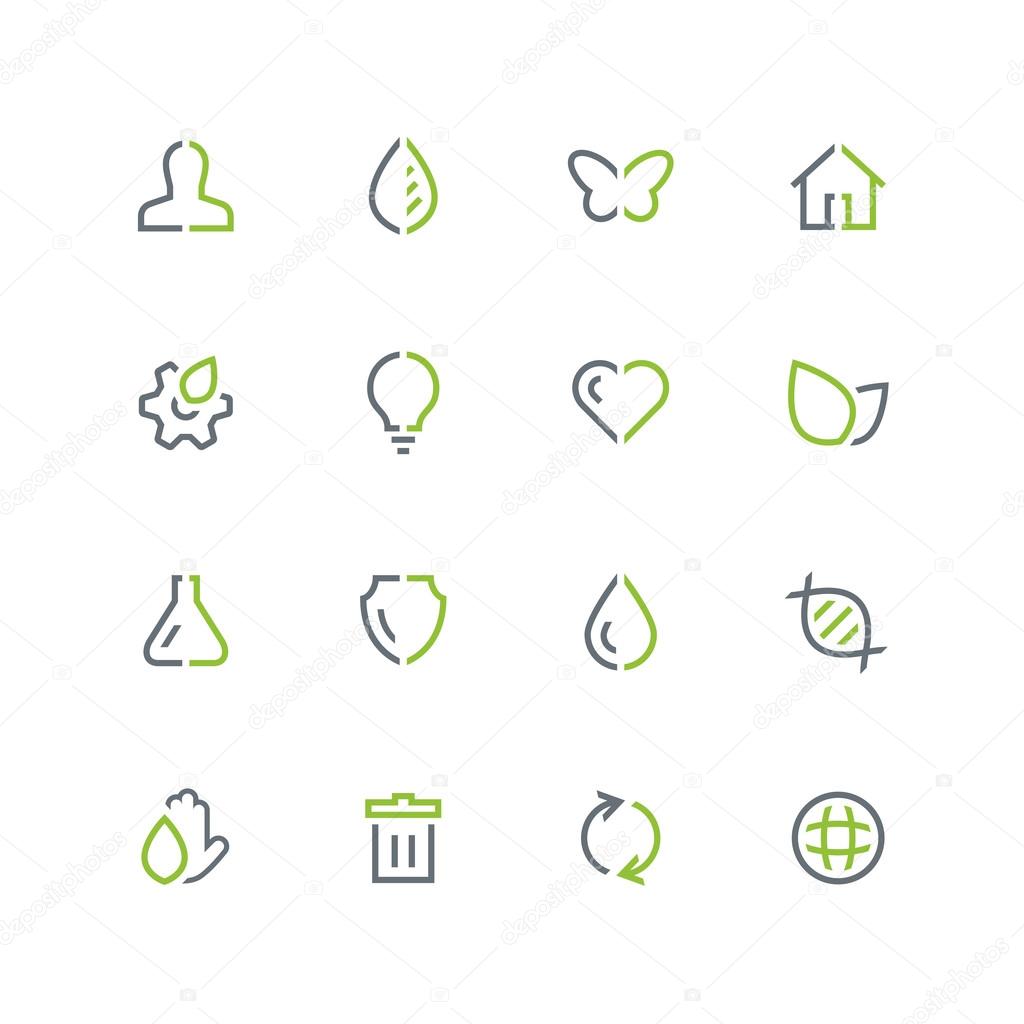 Nature and ecology vector icon set - outline colored symbols on the white background.