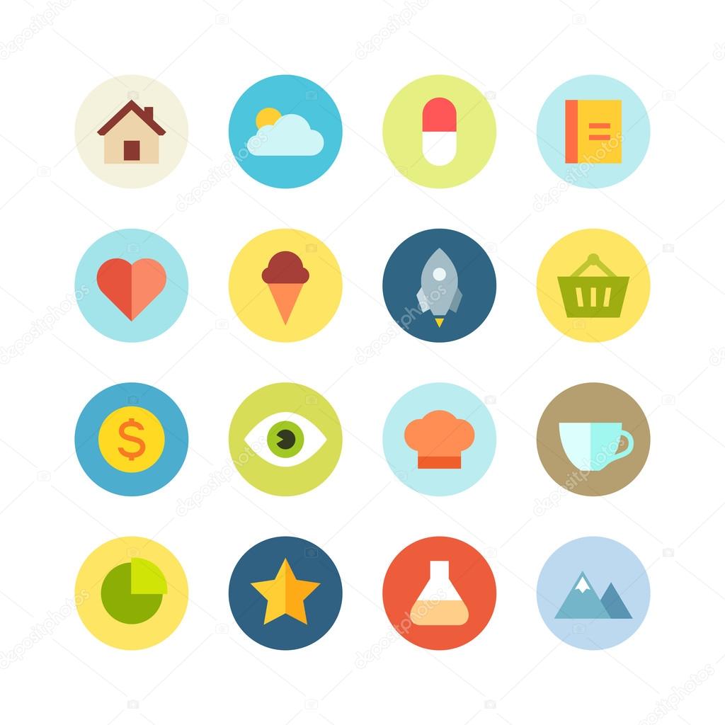 Flat vector icon set - different bright symbols on the colored background