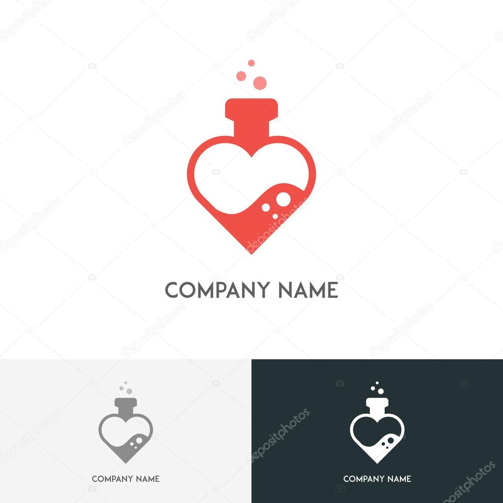 Love logo - heart shaped test tube with bubbles on the white background